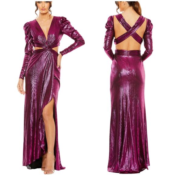 Mac Duggal NWT Purple Princess Sleeve Cut Out Metallic Gown V-neck Size 6 - Picture 1 of 9